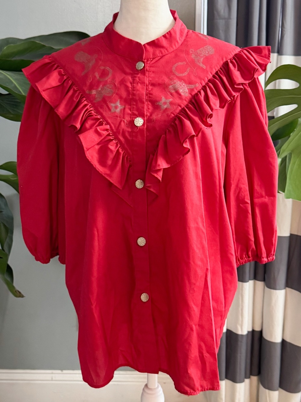 Red Ruffled V-Neck Button Front Women's Top - Picture 2 of 9
